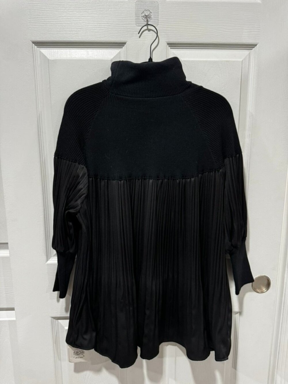 Issey Miyake style black pleated turtleneck long sleeve top blouse